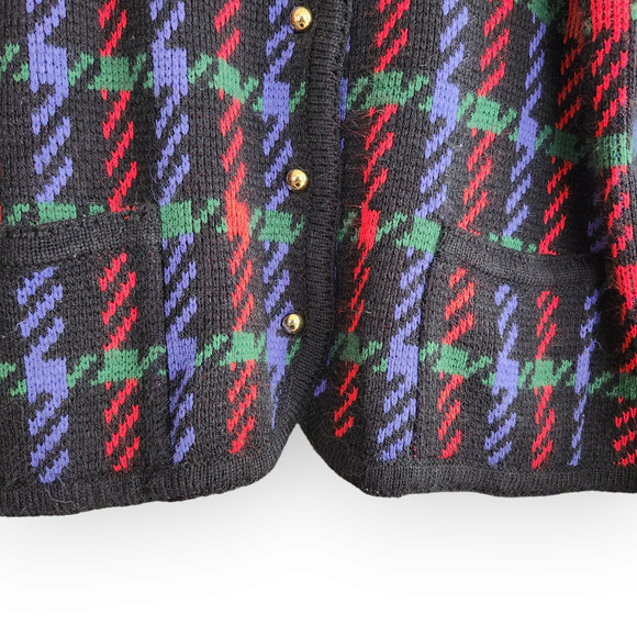 Vintage Worthington Black Red Green Houndstooth Plaid Button Down Cardigan M - Picture 5 of 8